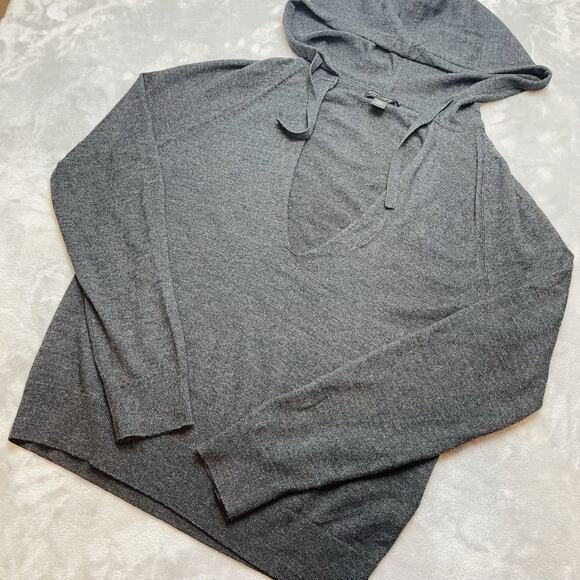 Banana Republic 100% Merino Extra Fine Wool Hoodie Sweater Womens M Gray V Neck - Picture 1 of 10